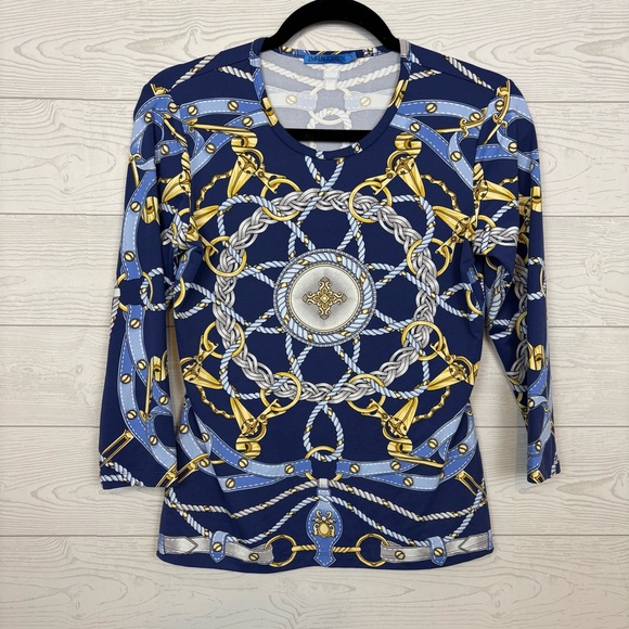 J. McLaughlin Tops - J. McLaughlin Catalina Cloth Navy Blue Gold Chain Blouse Size Small